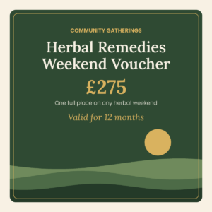 Community Gatherings Herbal Remedies Weekend gift voucher, £275, for one full place on any herbal remedies weekend workshop in South West Wales. Valid for 12 months.